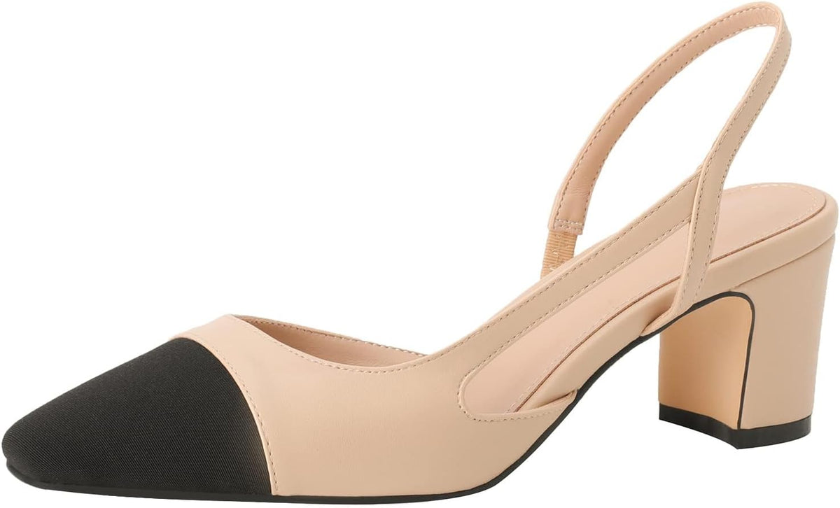 Women Sling Back Pumps Chunky Heels Sexy Splicing Round Toe Casual Wedding Shoes for Women Fashion Dress Shoes