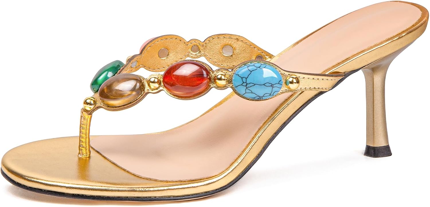 Jewelled Thong Heeled Sandals for Women Round Open Toe Studde High Heel Flip Flops Fashion Summer Beach Dress Sandals