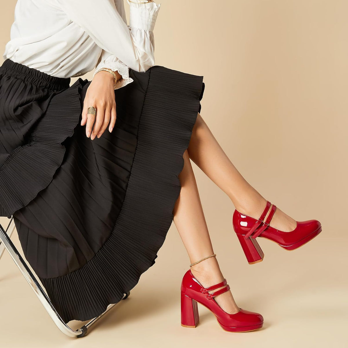 Platform Mary Jane Shoes Womens Heels, Chunky Heels Mary Janes Dress Shoes for Women Close Round Toe Pumps Shoes with Buckle Strap for Office  Casual Wedding