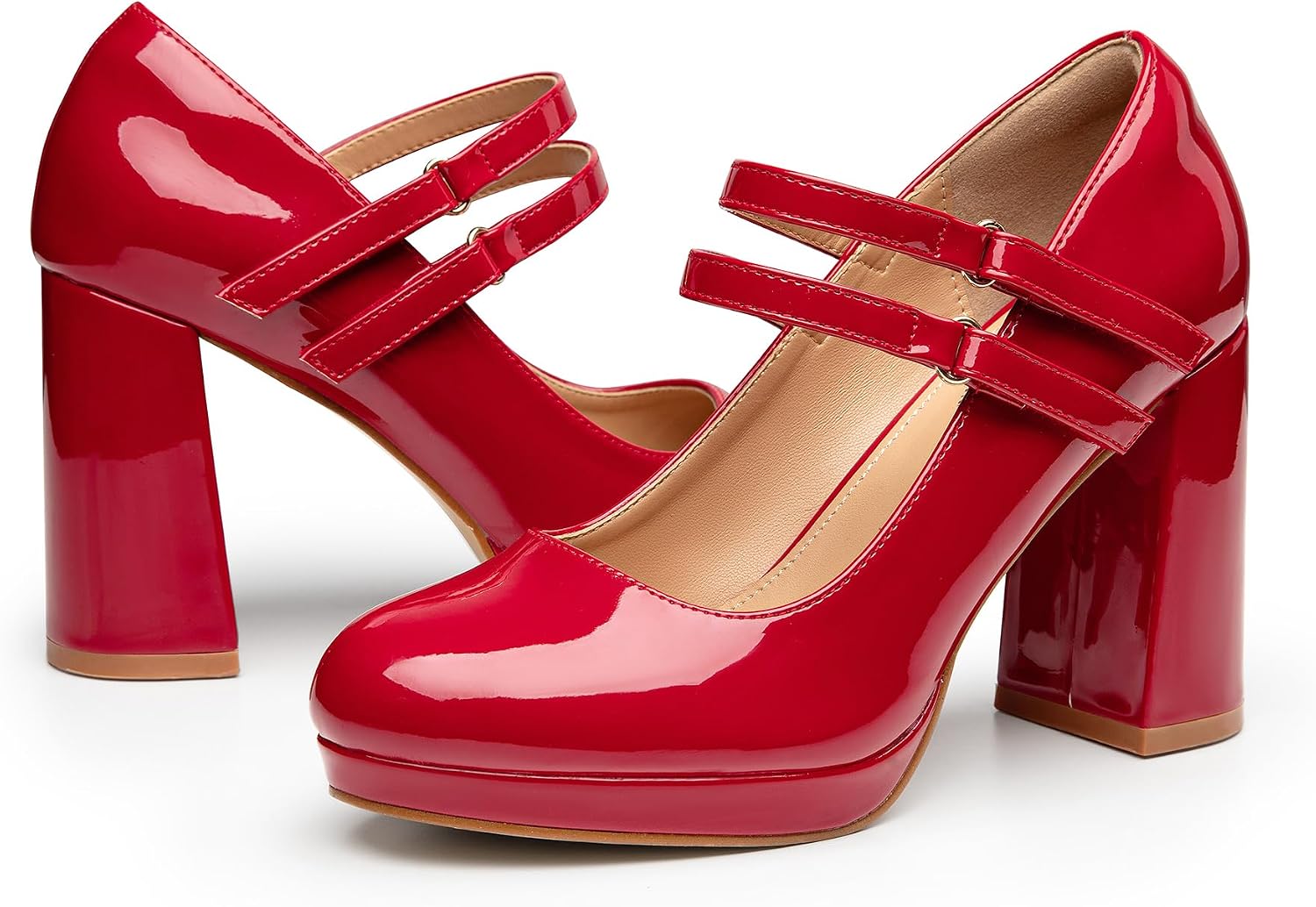 Platform Mary Jane Shoes Womens Heels, Chunky Heels Mary Janes Dress Shoes for Women Close Round Toe Pumps Shoes with Buckle Strap for Office  Casual Wedding